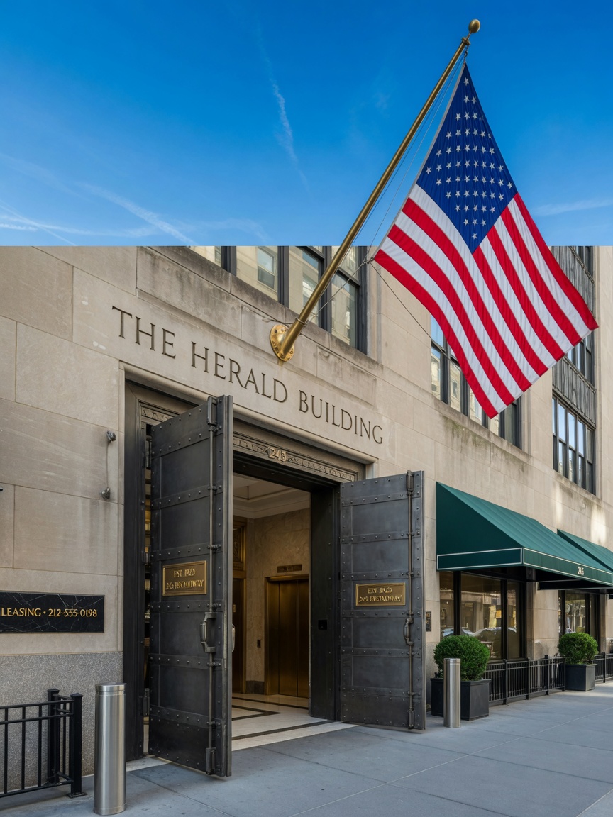 Inspirational 8K hero image of a newly renovated NYC commercial building entrance featuring robust steel doors, American flag, and clear blue sky, conveying strength and professionalism