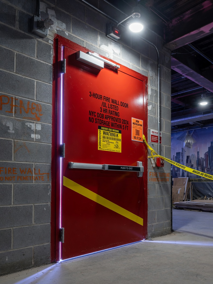 Dramatic 8K photograph of a newly installed 3-hour fire wall door in a high-risk commercial facility in New York City, heavy industrial aesthetic, powerful lighting, authoritative presence