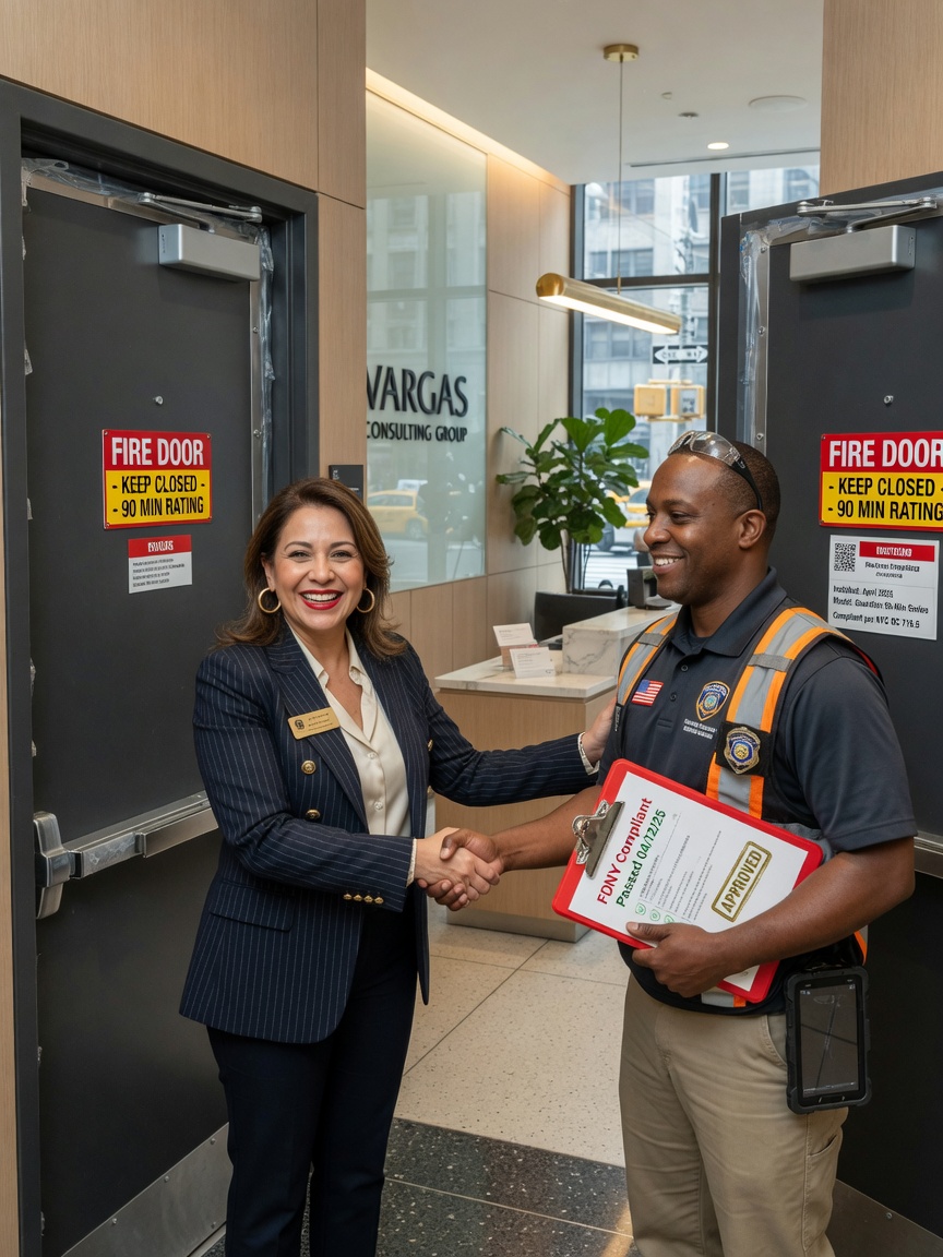 Ultra-realistic 8K image of a happy NYC business owner shaking hands with a fire door compliance specialist in front of newly installed compliant commercial doors, modern office lobby setting