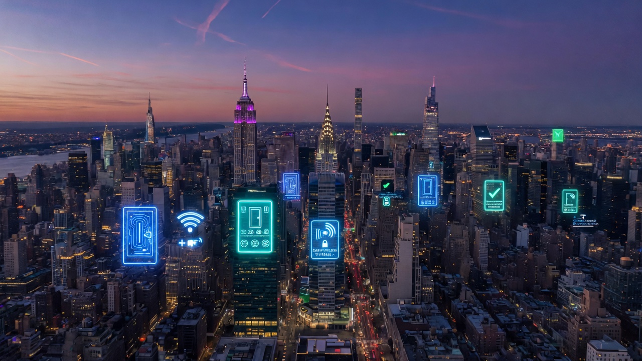 Aerial perspective of Midtown Manhattan skyline at twilight with highlighted glowing smart commercial door icons on multiple skyscrapers, conceptual smart city visualization, ultra-detailed 8K cinematic