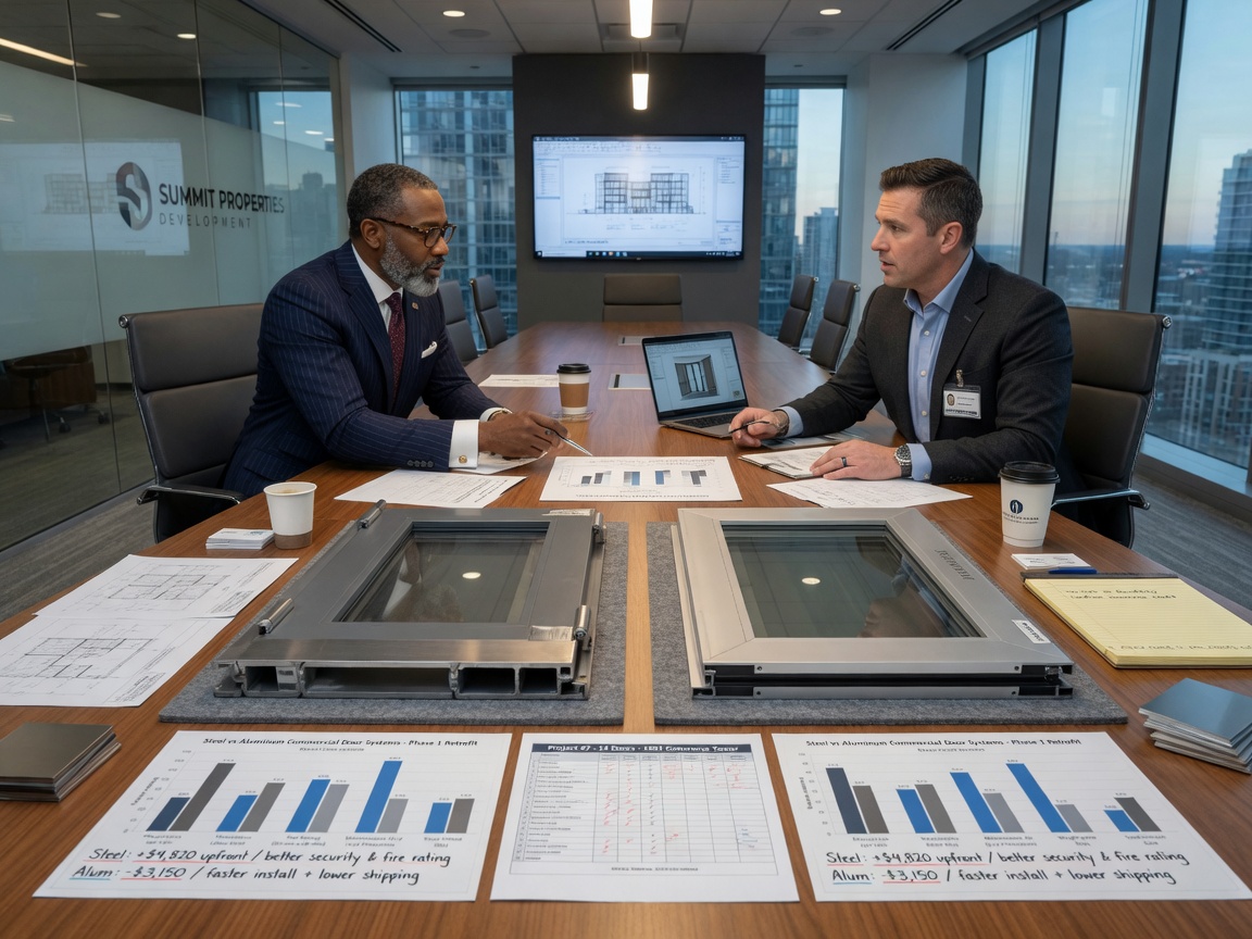 Professional business meeting between building owner and contractor reviewing steel versus aluminum commercial door samples and cost comparison charts on conference table, ultra-realistic 8K