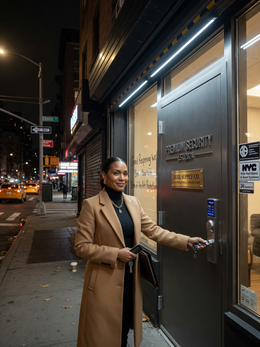 Confident NYC business owner locking up at night in front of their newly secured storefront featuring premium custom steel commercial doors, satisfied expression, ambient street lighting, ultra-realistic 8K