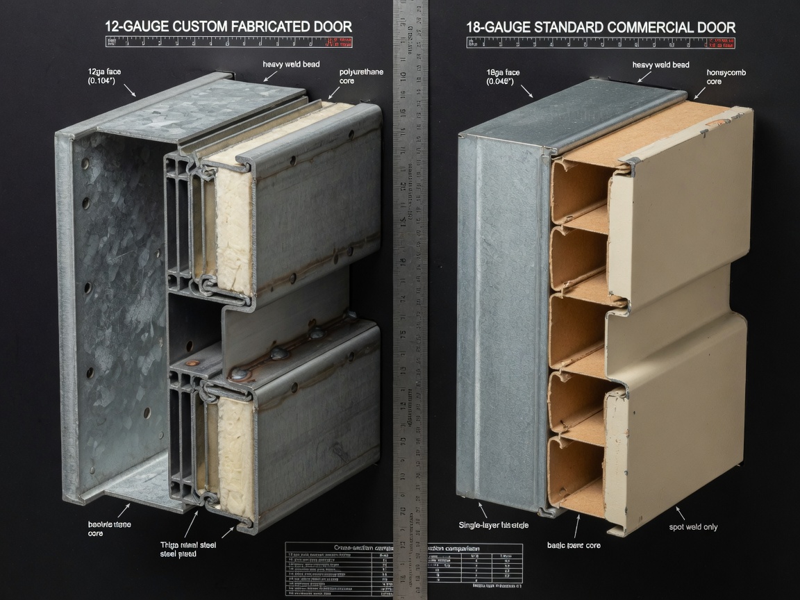Close-up ultra-realistic 8K image comparing cross-sections of 12-gauge custom fabricated door versus 18-gauge standard commercial door, showing material thickness differences, detailed steel construction, technical product photography