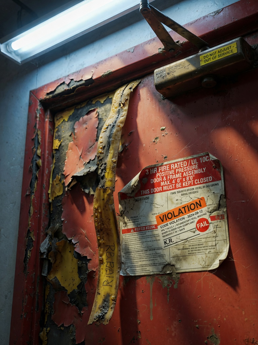 Close-up ultra-realistic 8K image of a damaged commercial fire door with peeling intumescent seal, faded fire rating label, and worn door closer, showing code violation details, dramatic lighting