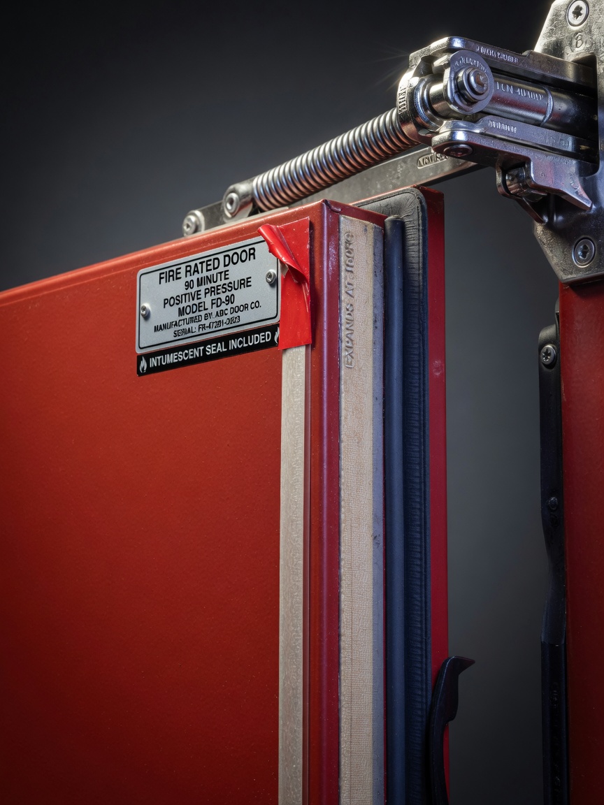 Close-up ultra-detailed 8K image of a fire-rated commercial door with visible fire label, smoke seals, intumescent strips and self-closing hinge mechanism, technical product photography style