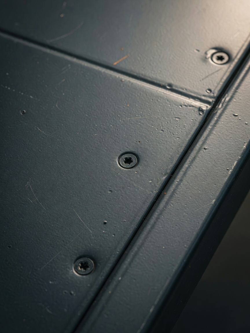 Close-up 8K image of 16-gauge steel commercial door surface with high-quality powder coat finish, showing subtle texture and durability details, professional product photography with shallow depth of field