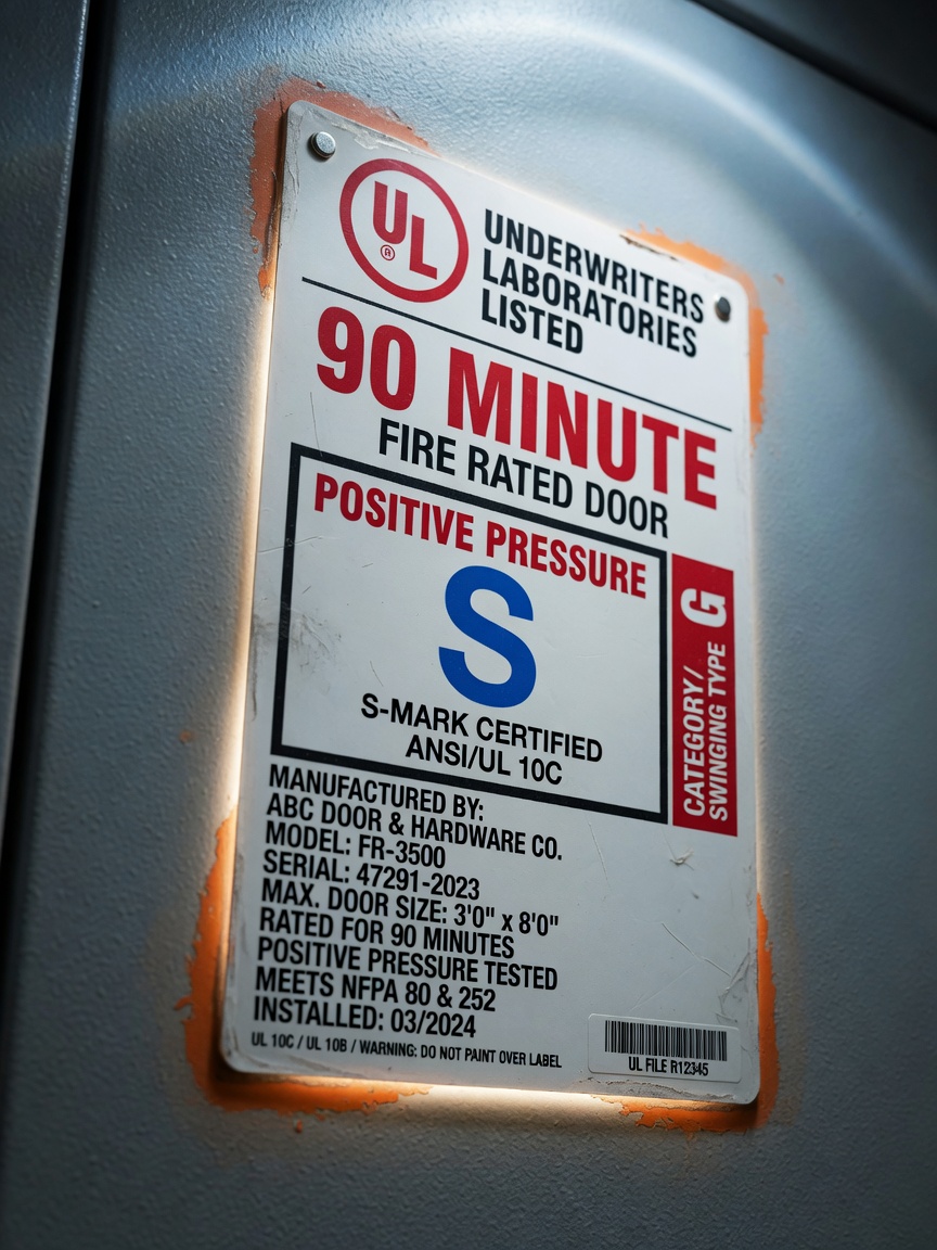 Detailed 8K close-up of a fire-rated commercial door label showing UL listing, 90-minute rating, positive pressure S-mark, and manufacturer information, perfectly sharp text, professional product photography style