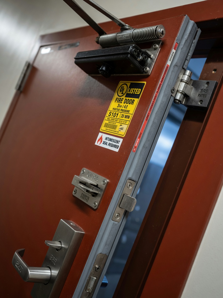 Close-up 8K ultra-realistic image of a commercial fire-rated door with visible UL fire rating label, intumescent smoke seals, self-closing hinge mechanism, and positive-latching hardware, sharp focus on technical details