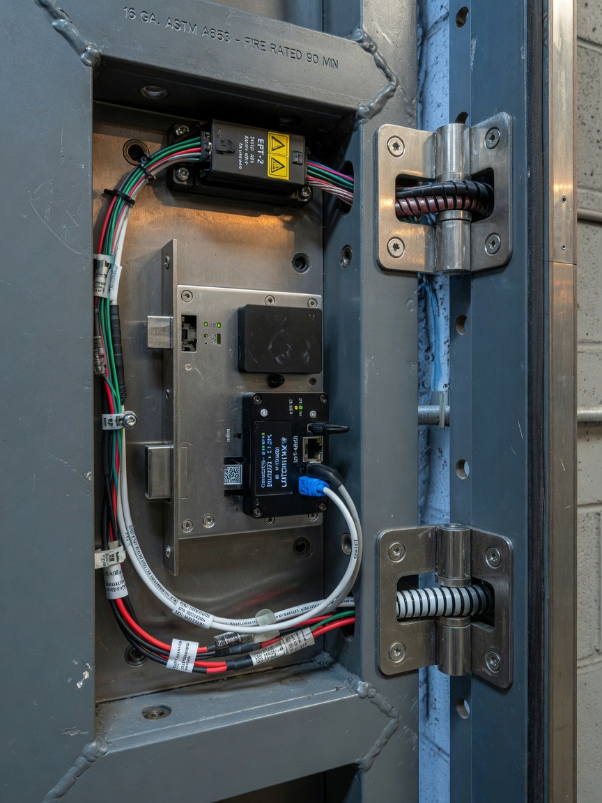 Close-up technical view of heavy-gauge steel commercial door frame with embedded IoT smart lock hardware, visible wiring through electric power transfer hinge, 8K resolution, industrial precision, ultra-detailed