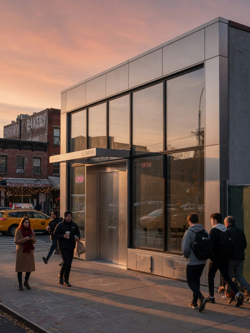 Ultra-realistic 8K image of sleek modern aluminum storefront system with large glass panels on a busy Brooklyn street, pedestrians walking by, golden hour lighting, high detail commercial architecture