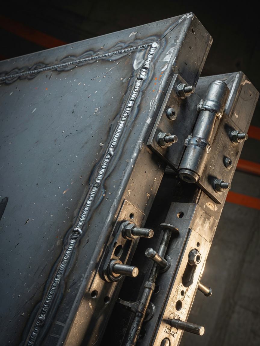 Extreme close-up of 14-gauge welded steel commercial door frame showing continuous weld seams, reinforced hinges with security pins, and multi-point locking system, dramatic side lighting, ultra-detailed texture, 8K resolution
