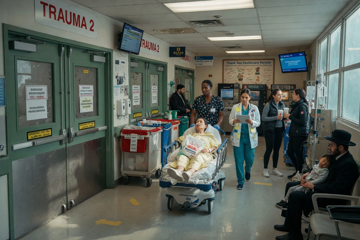 Ultra-realistic 8K photo of busy high-traffic hospital corridor in NYC with custom heavy-gauge commercial doors, medical staff and patients, natural lighting, documentary photography style