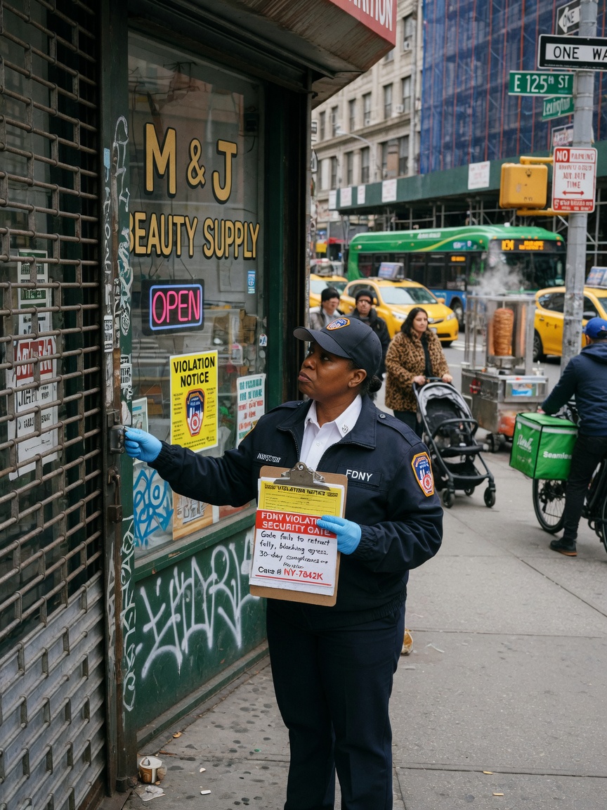 Ultra-realistic 8K photo of FDNY inspector examining a storefront security gate on a busy New York City street, clipboard in hand, yellow violation notice visible, authentic urban atmosphere