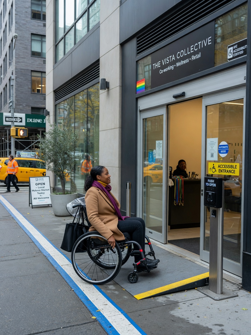 Ultra-realistic 8K rendering of a person in a wheelchair approaching an accessible commercial entrance with automatic door operator in New York City, inclusive and modern business environment