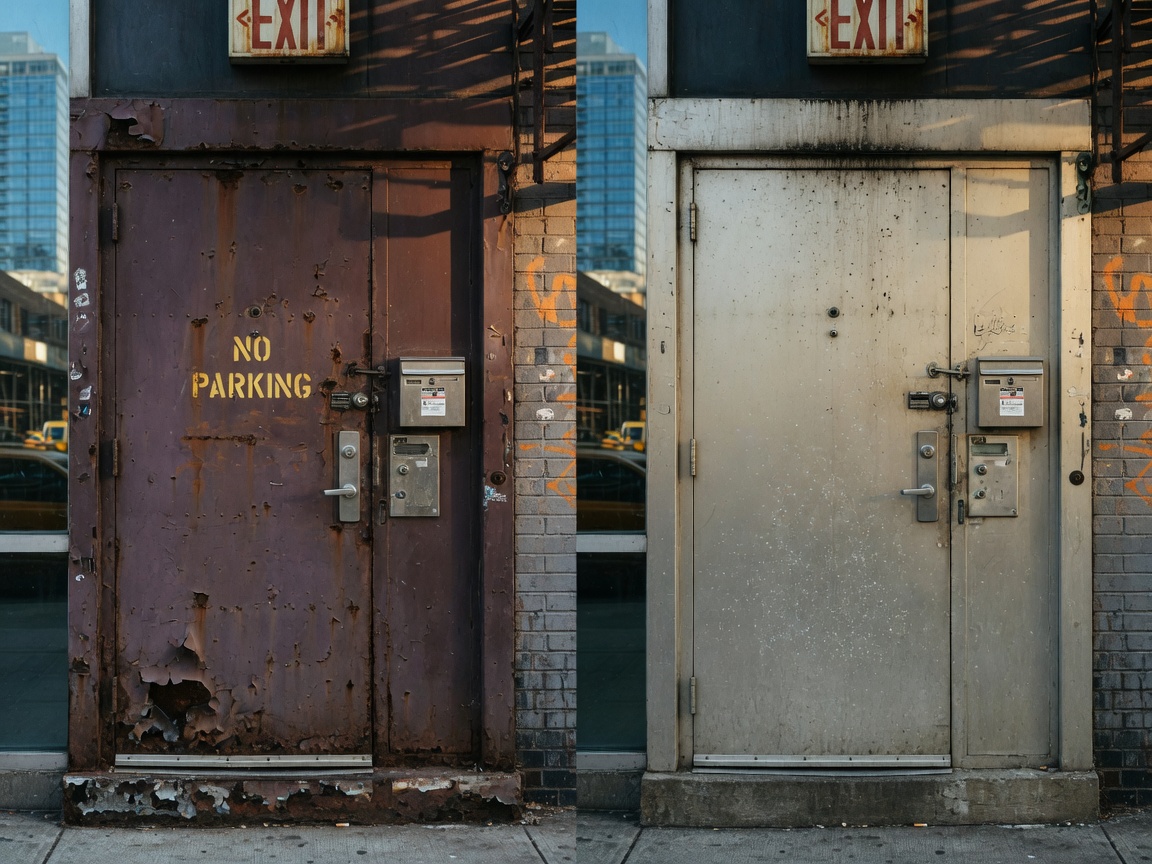 Ultra-realistic 8K comparison shot showing side-by-side steel and aluminum commercial doors on the same NYC building, highlighting material differences and weathering after 8 years of exposure