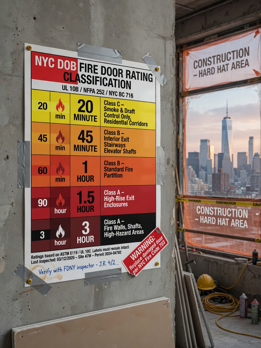 Ultra-realistic 8K image of color-coded fire door rating classification chart mounted on construction site wall, clear hourly ratings from 20-minute to 3-hour, professional infographic style with NYC skyline visible through window