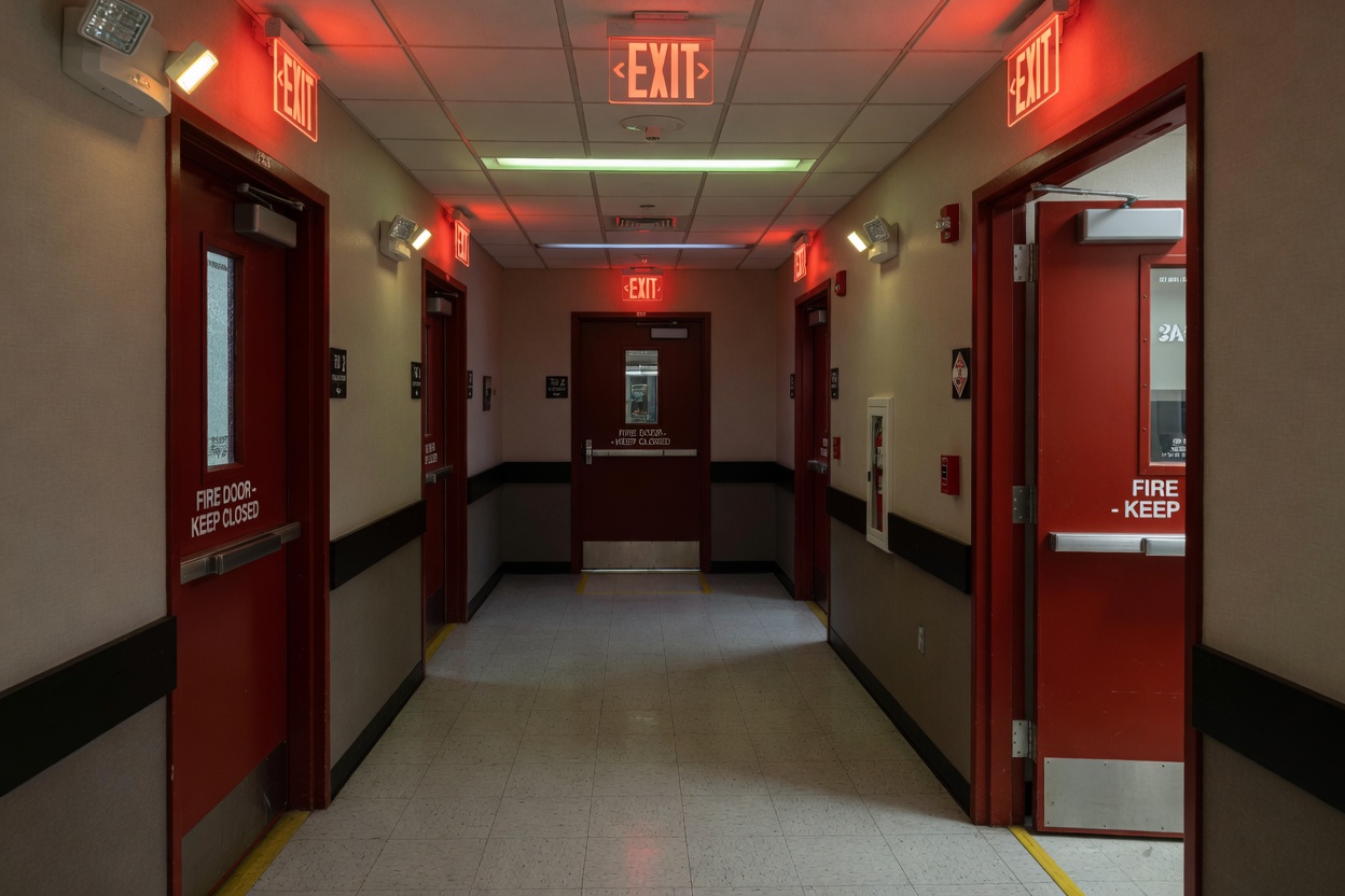 Ultra-realistic 8K image of a commercial building corridor with multiple 90-minute fire-rated doors with vision lights, red exit signs, emergency lighting, and proper door clearances, professional interior design