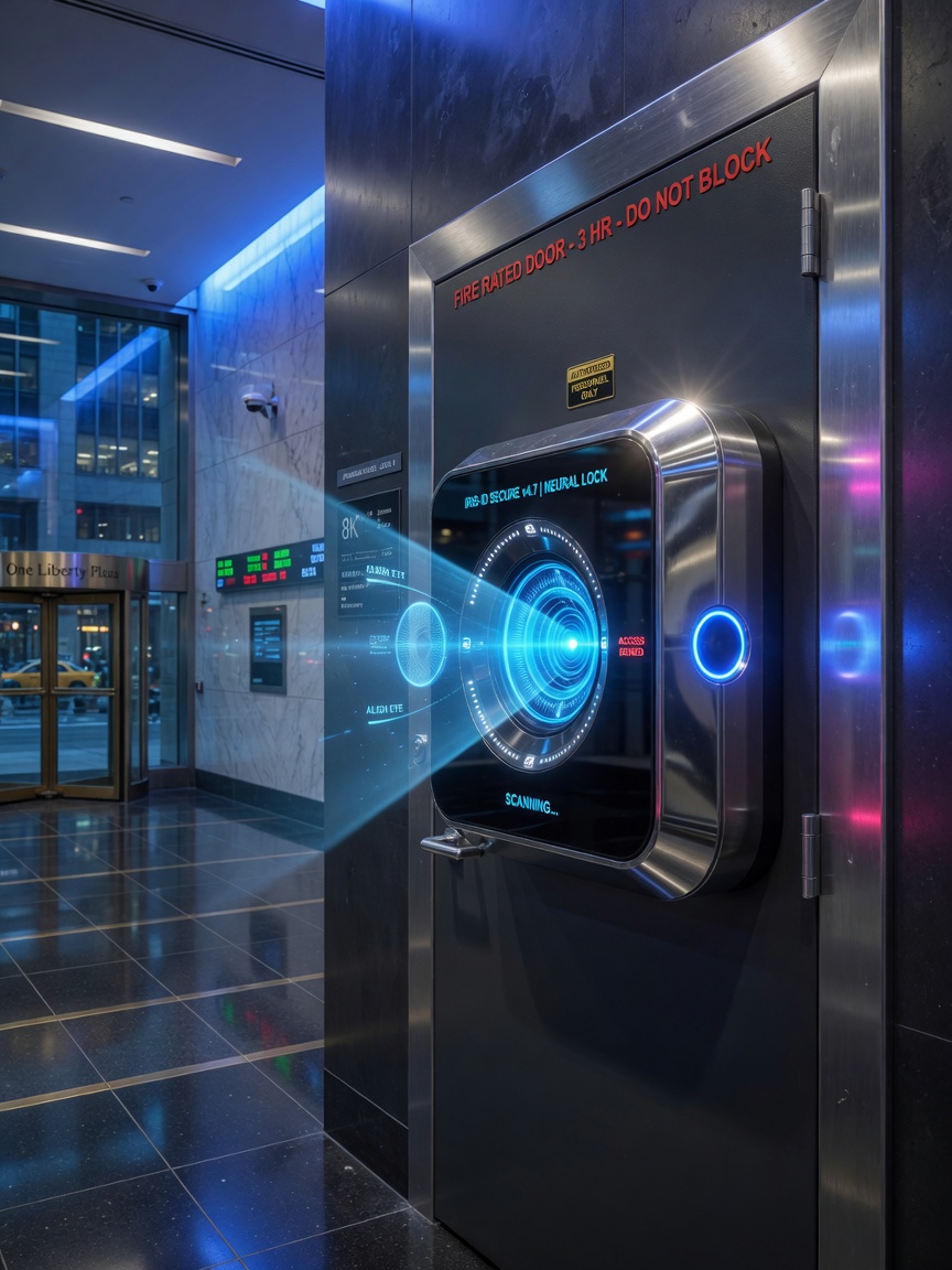Futuristic biometric iris scanner mounted on a fire-rated commercial door in a New York City financial district lobby, polished stainless steel, blue ambient lighting, photorealistic 8K