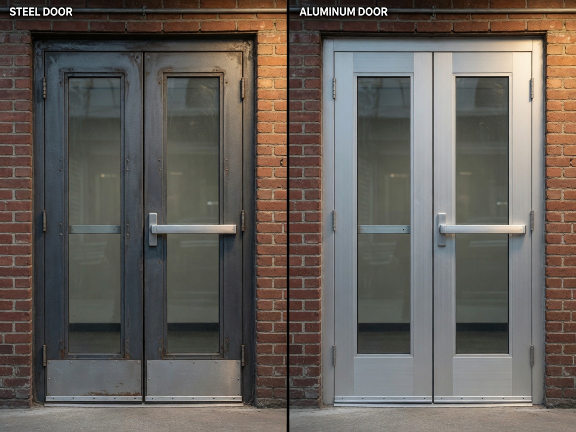 Side-by-side comparison of steel versus aluminum commercial doors mounted on the same building facade, ultra-realistic 8K, showing texture and material differences, professional product photography style