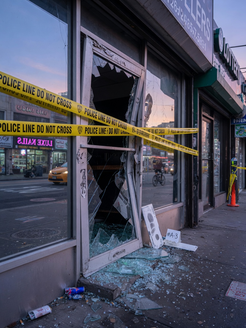 NYPD crime scene tape across a damaged aluminum storefront door after a break-in attempt on a Manhattan street at dawn, shattered glass, realistic urban environment, photorealistic 8K image