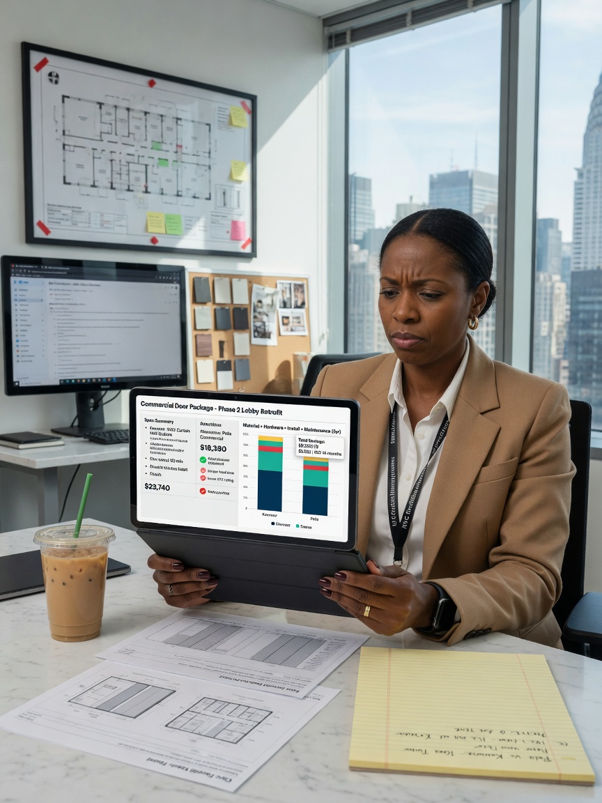 Professional 8K image of facility manager reviewing commercial door specifications and cost comparison charts on tablet computer in modern NYC office, natural window light, business lifestyle photography