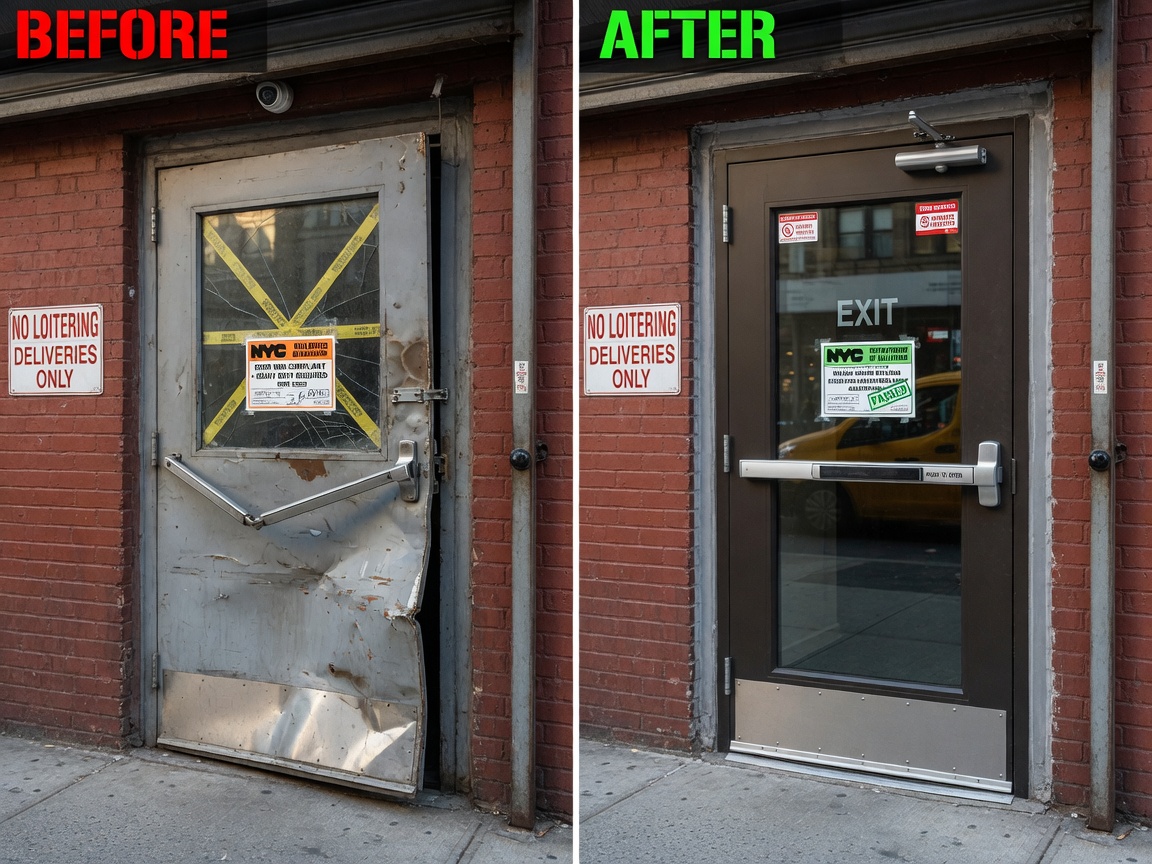 Professional 8K image showing before and after comparison of NYC commercial door: left side damaged violating door, right side newly installed heavy gauge steel compliant door, split screen composition