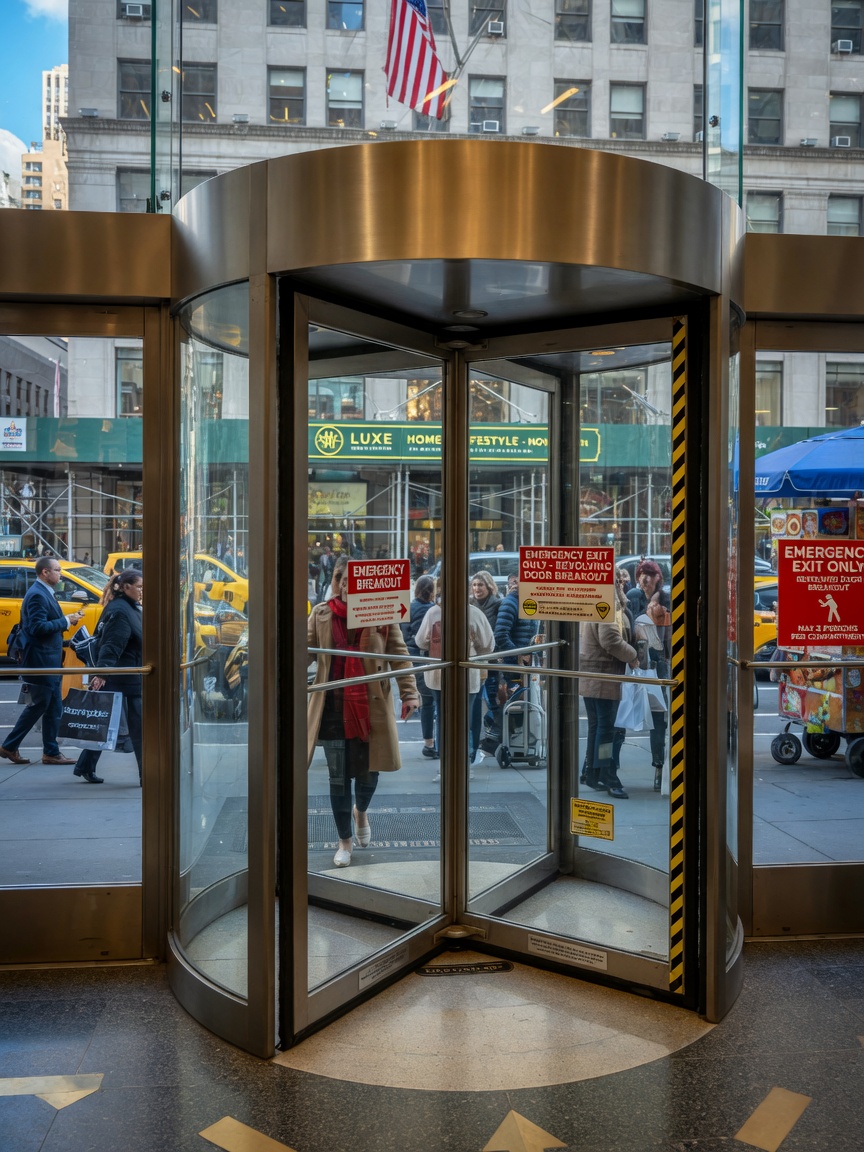 Hyper-detailed 8K photograph of a revolving door assembly in a busy NYC retail building with emergency breakout position illustrated, safety signage visible, natural lighting
