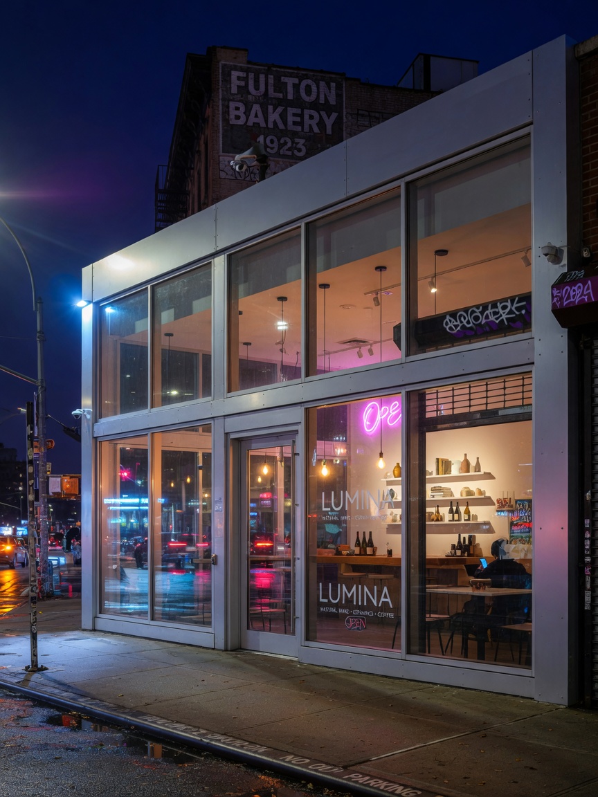 Dramatic 8K image of aluminum storefront system with large glass panels on a Brooklyn retail building at night with interior lighting visible, modern urban architectural photography