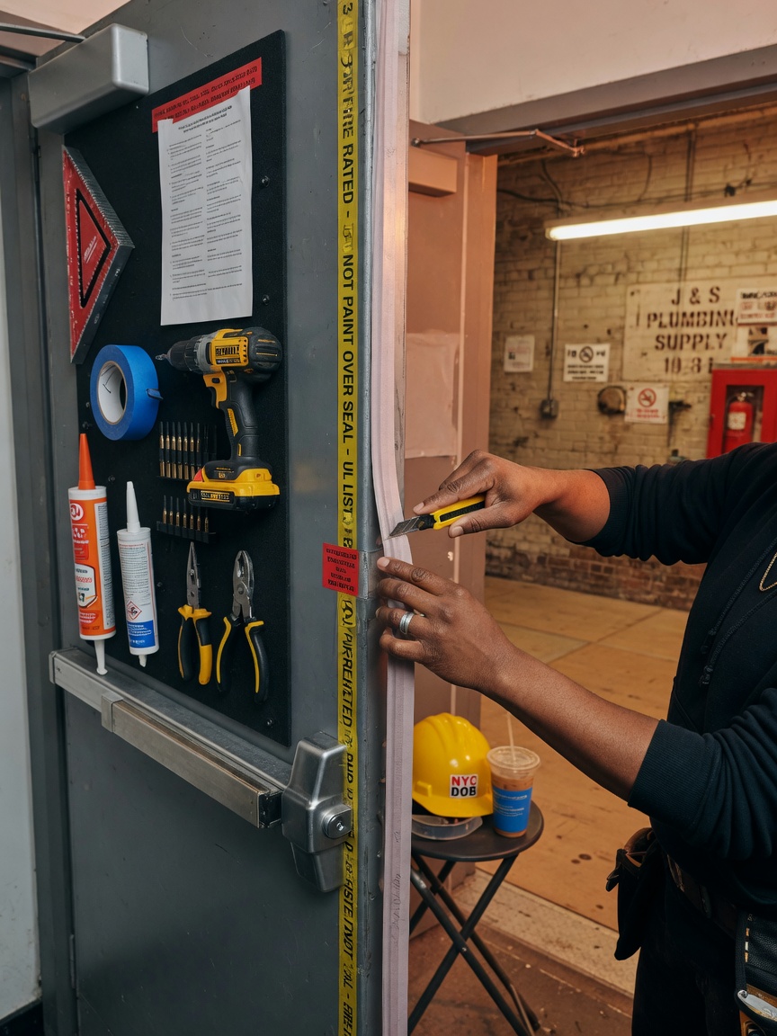 8K cinematic view of a technician installing intumescent smoke seals on a fire-rated door frame in a Brooklyn commercial building, precise hand positioning, tools neatly organized, warm construction lighting