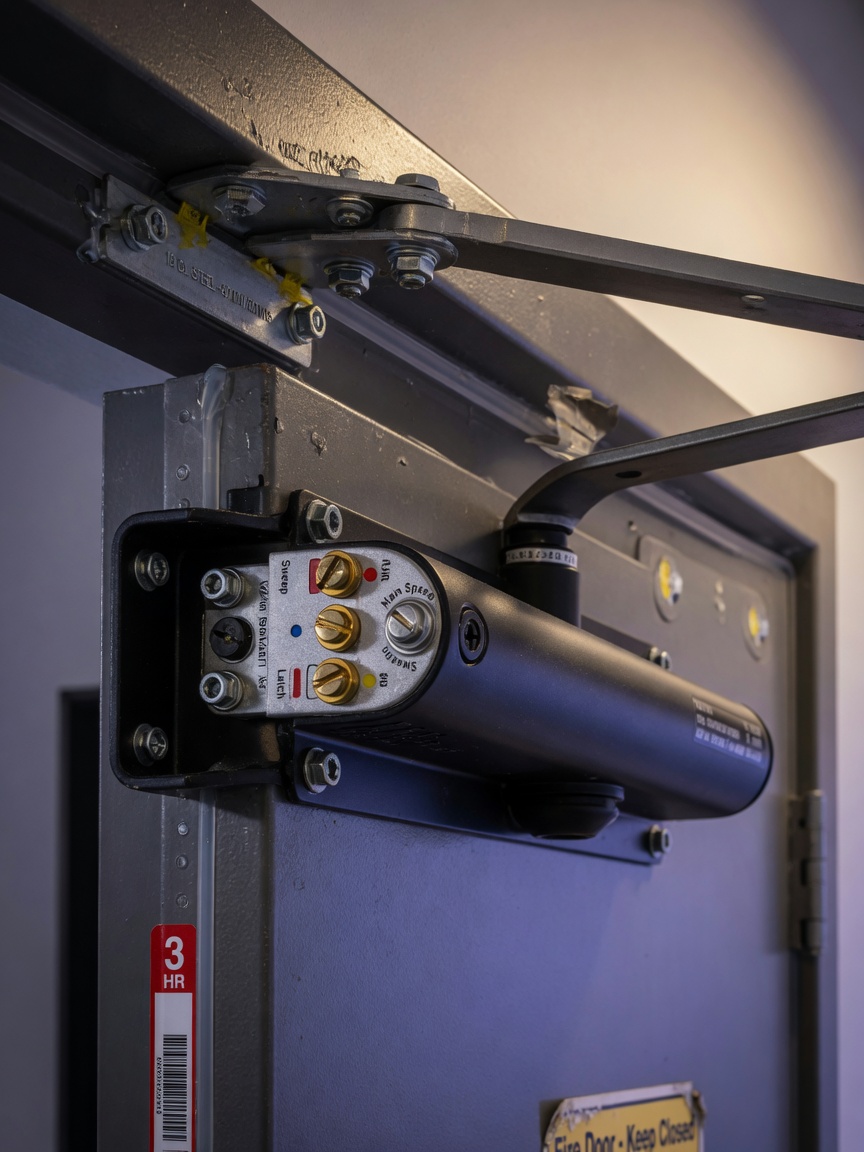 Detailed 8K macro photograph of fire door self-closing device and hydraulic closer mounted on a steel door frame, showing proper installation and adjustment screws, technical product photography style