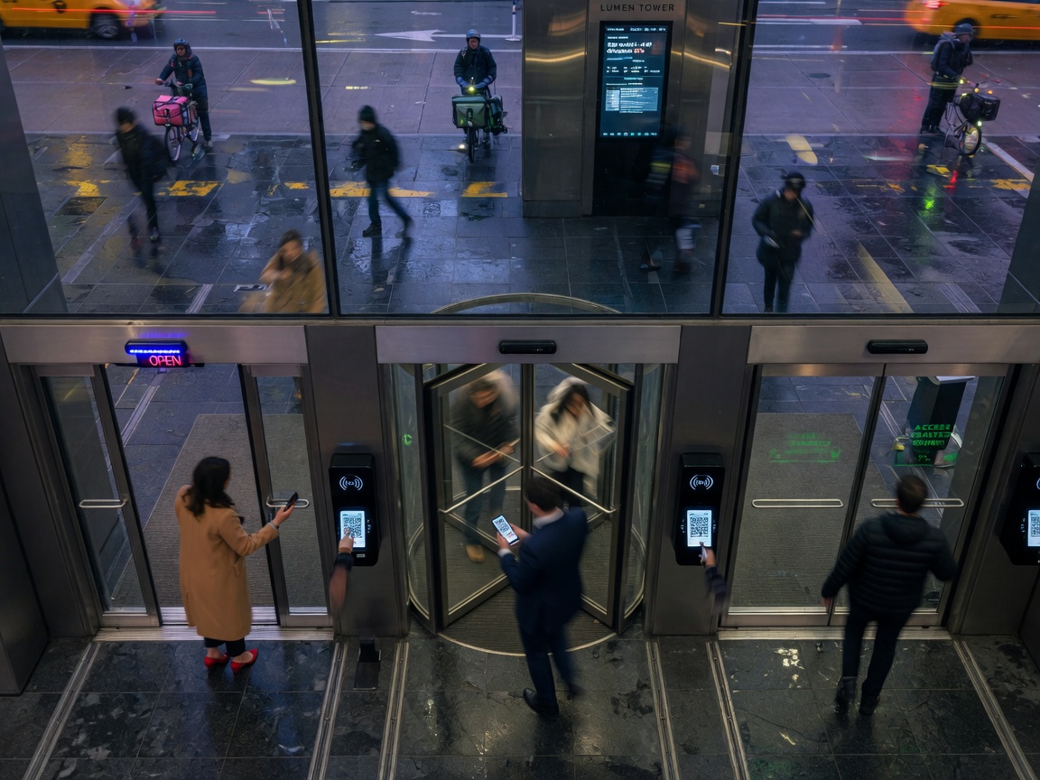 Bird's eye view of a busy Manhattan office building entrance with multiple automated smart commercial doors in operation, people using mobile phone access, motion blur, cinematic 8K realism