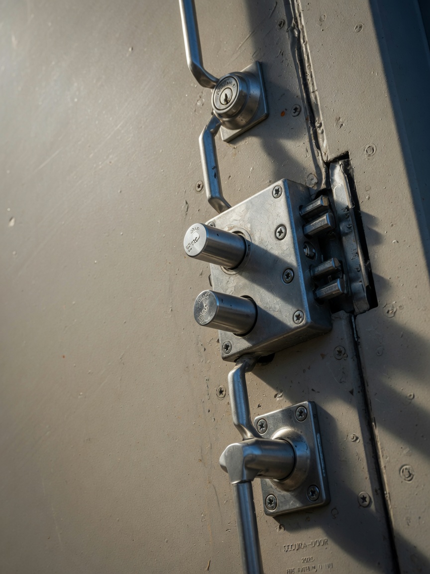 Close-up ultra-realistic 8K image of 16-gauge steel commercial door surface with visible grain, powder coating texture, and multi-point locking system, dramatic side lighting