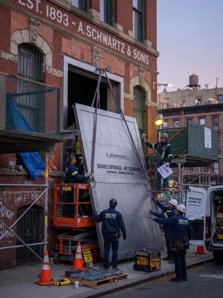 Professional installation team carefully mounting a massive custom steel commercial door into a historic Brooklyn building facade during early morning hours, scaffolding visible, high detail, 8K