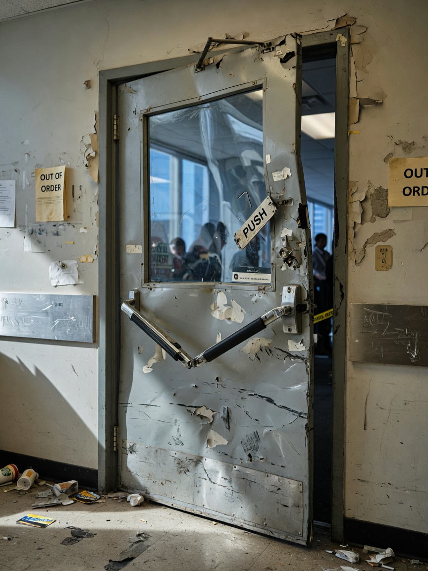 Ultra-realistic 8K photograph showing failed standard commercial door with visible dents, frame distortion and hardware damage in high-traffic NYC office building, before-replacement condition, detailed texture