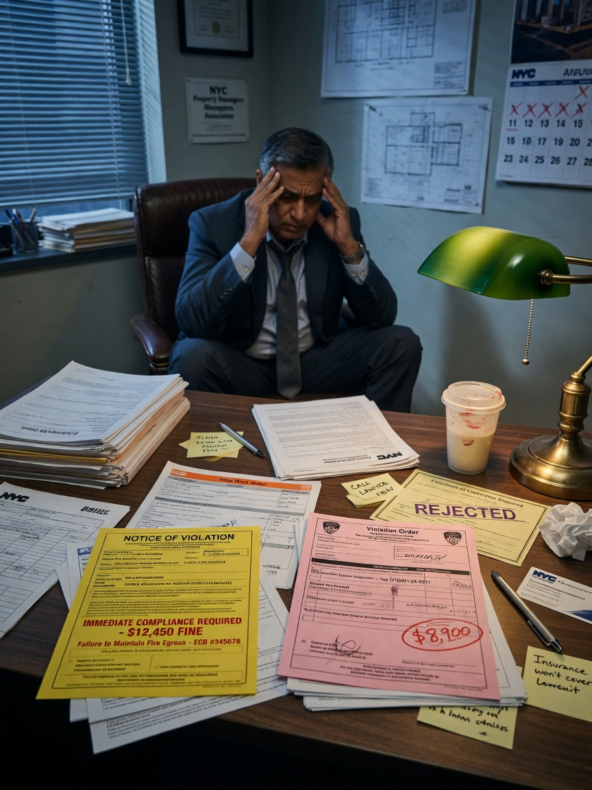 Ultra-realistic 8K photograph of stacked fines and violation notices from NYC DOB and FDNY on a property manager's desk with frustrated business owner in background, dramatic office lighting