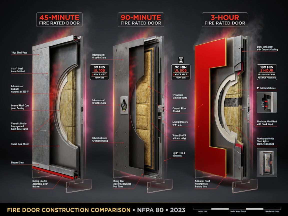 Professional 8K technical diagram illustration showing different fire-rated door ratings (45-minute, 90-minute, 3-hour) with cutaway views of construction layers and labels