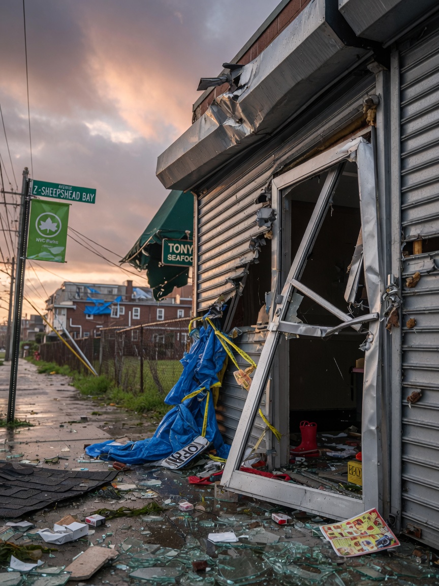 Ultra-detailed 8K photograph of wind damage on a failed aluminum commercial door frame in a coastal NYC neighborhood after a major storm, realistic damage and debris