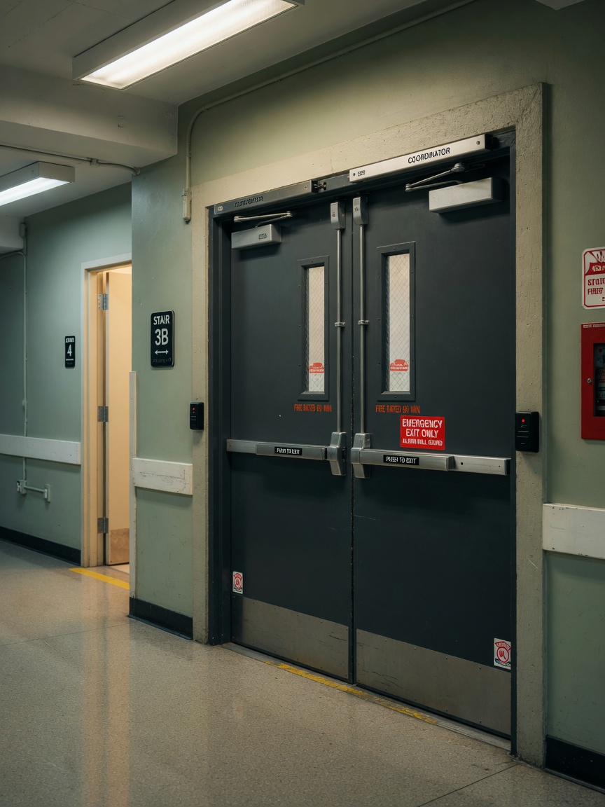 Ultra-realistic 8K photograph of properly installed fire-rated commercial double doors with coordinator and panic hardware in a Queens office building corridor, perfect alignment, modern architectural environment