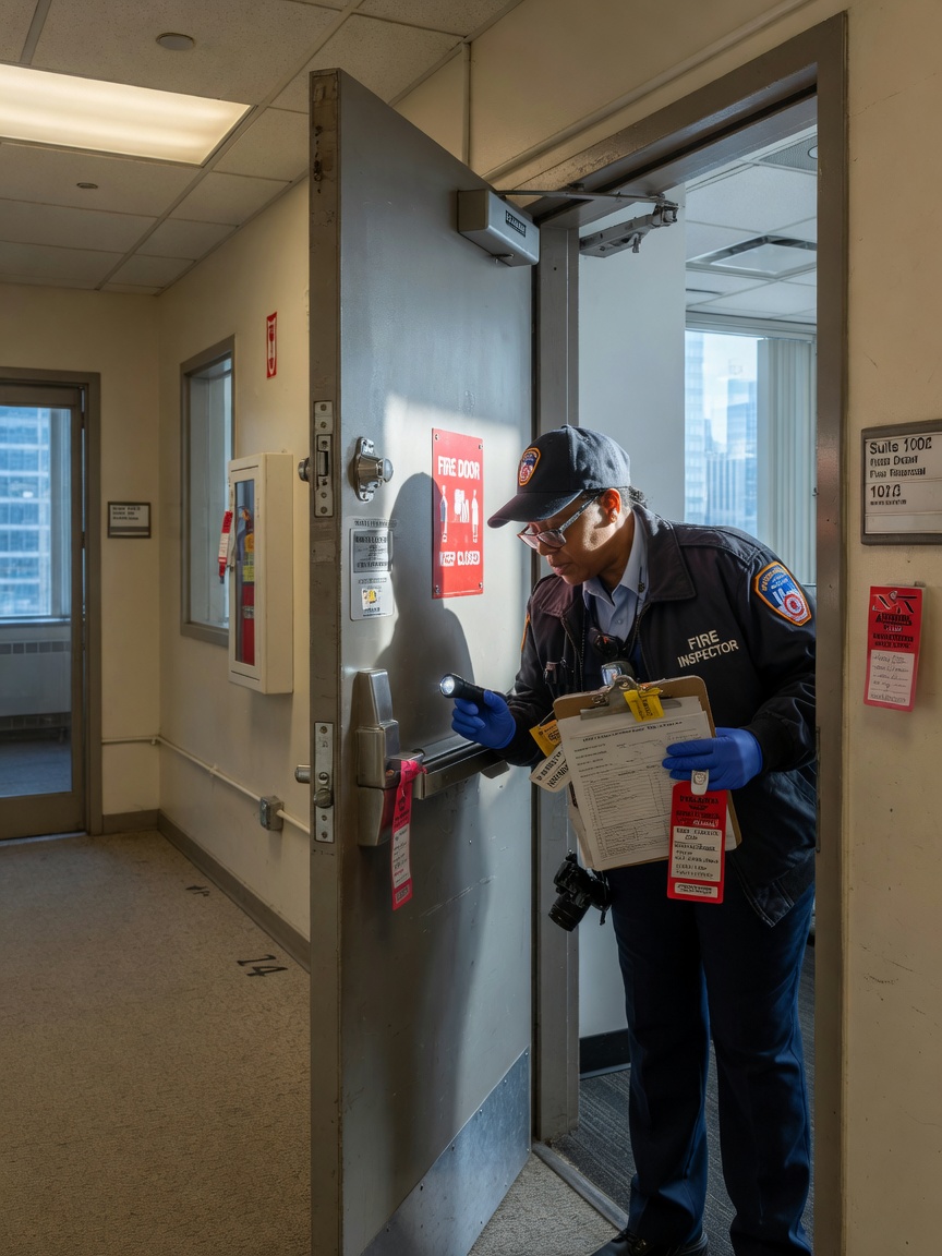 Ultra-realistic 8K image of an FDNY fire inspector examining a commercial fire door during an official inspection in a New York City office building, clipboard and inspection tags visible