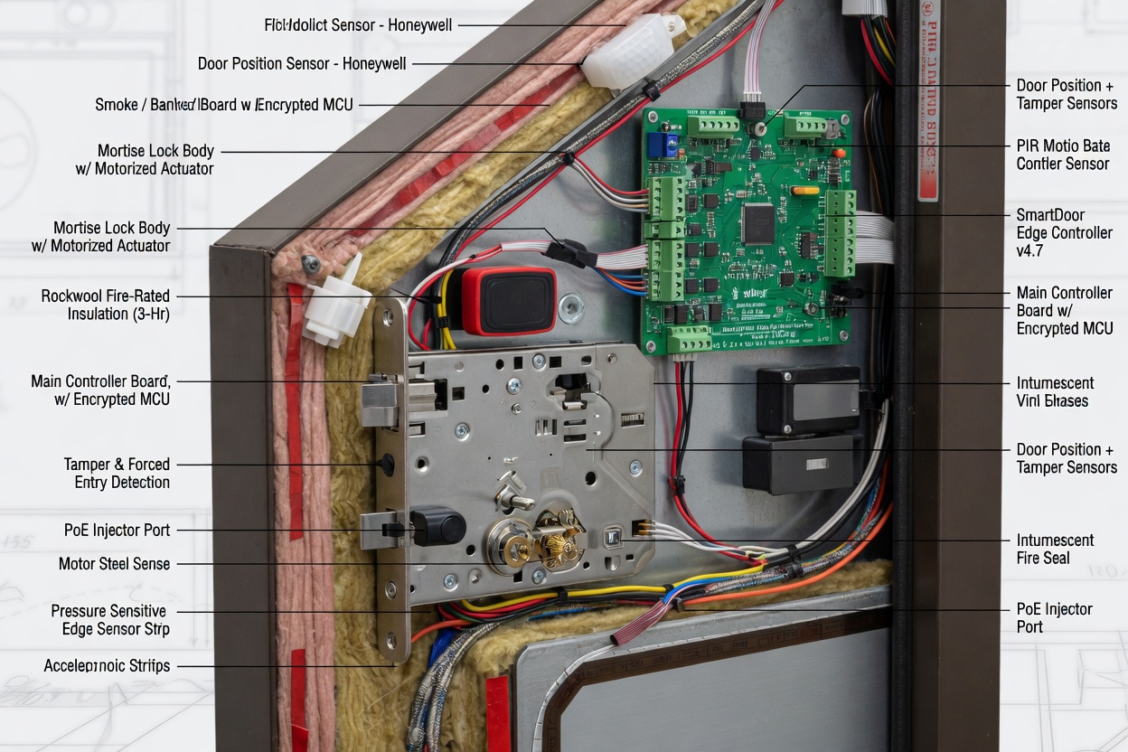 Cutaway technical diagram visualization showing internal components of a smart commercial door including mortise lock, sensors, controller board, and fire-rated insulation, ultra-detailed 8K