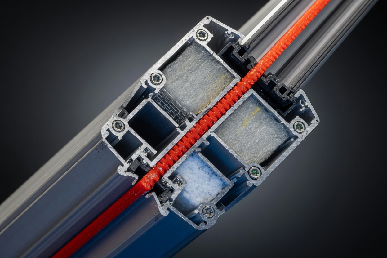 Ultra-realistic 8K photograph of aluminum commercial door frame cross section cutaway showing thermal break technology and insulation details, technical product visualization