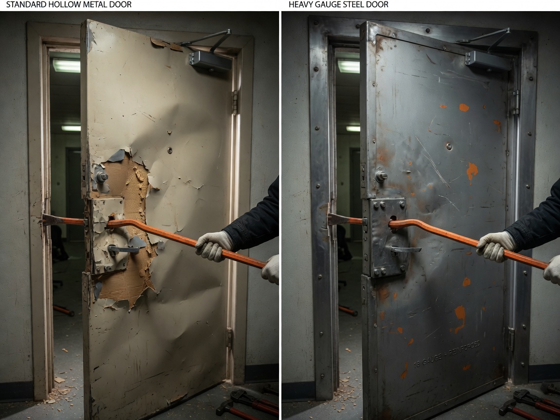 Split-screen comparison showing a standard hollow metal door being forced open with a crowbar versus a heavy gauge steel door resisting attack, technical illustration style with realistic textures, 8K