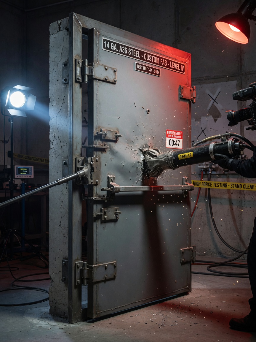 Dramatic 8K ultra-realistic image of custom fabricated 14-gauge steel door withstanding forced entry attempt, security testing environment, dramatic side lighting, cinematic product photography
