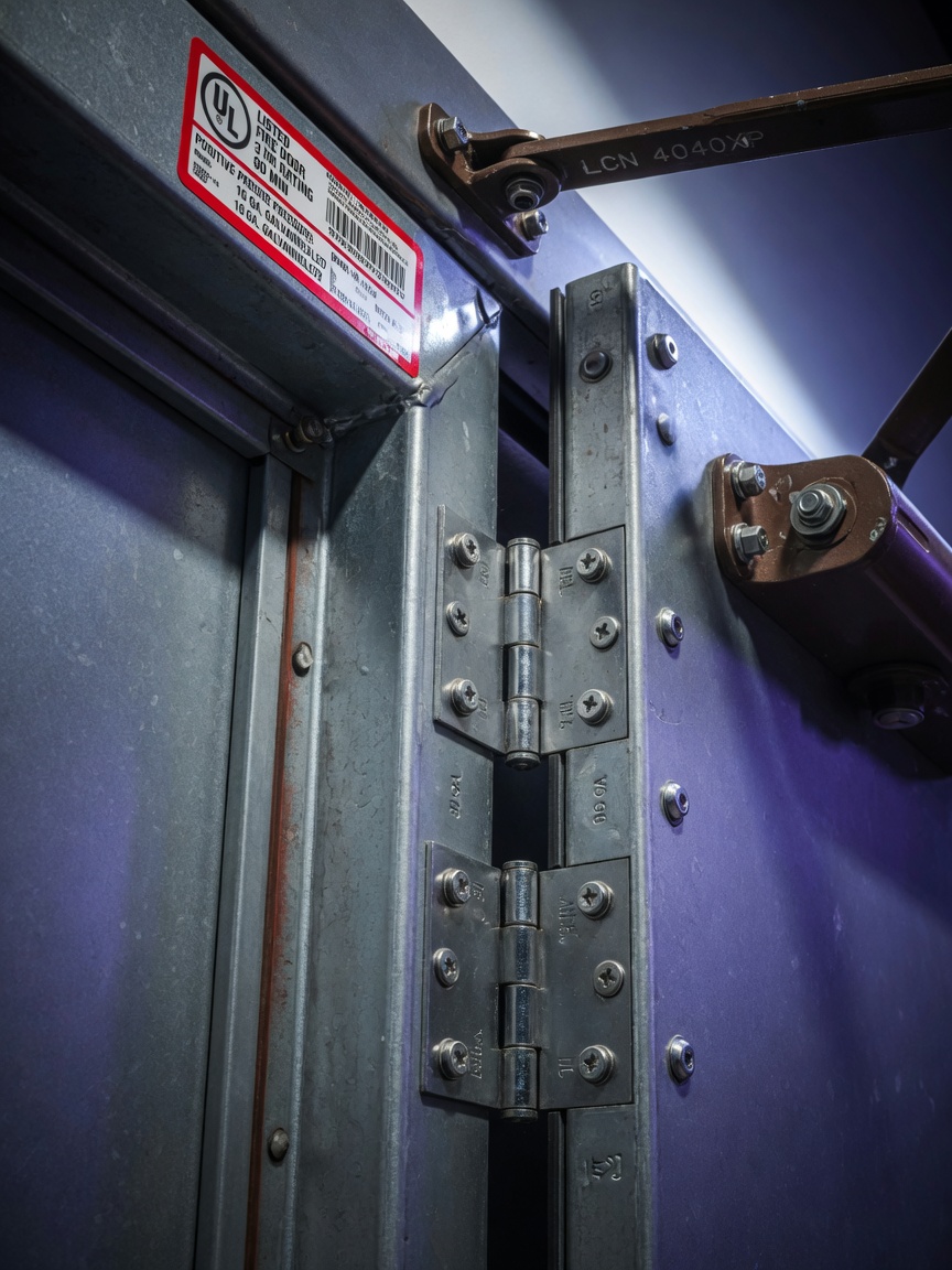 Detailed 8K close-up of high-quality 16-gauge galvannealed heavy gauge steel commercial door with UL fire rating label, heavy duty hinges, and commercial door closer, studio lighting
