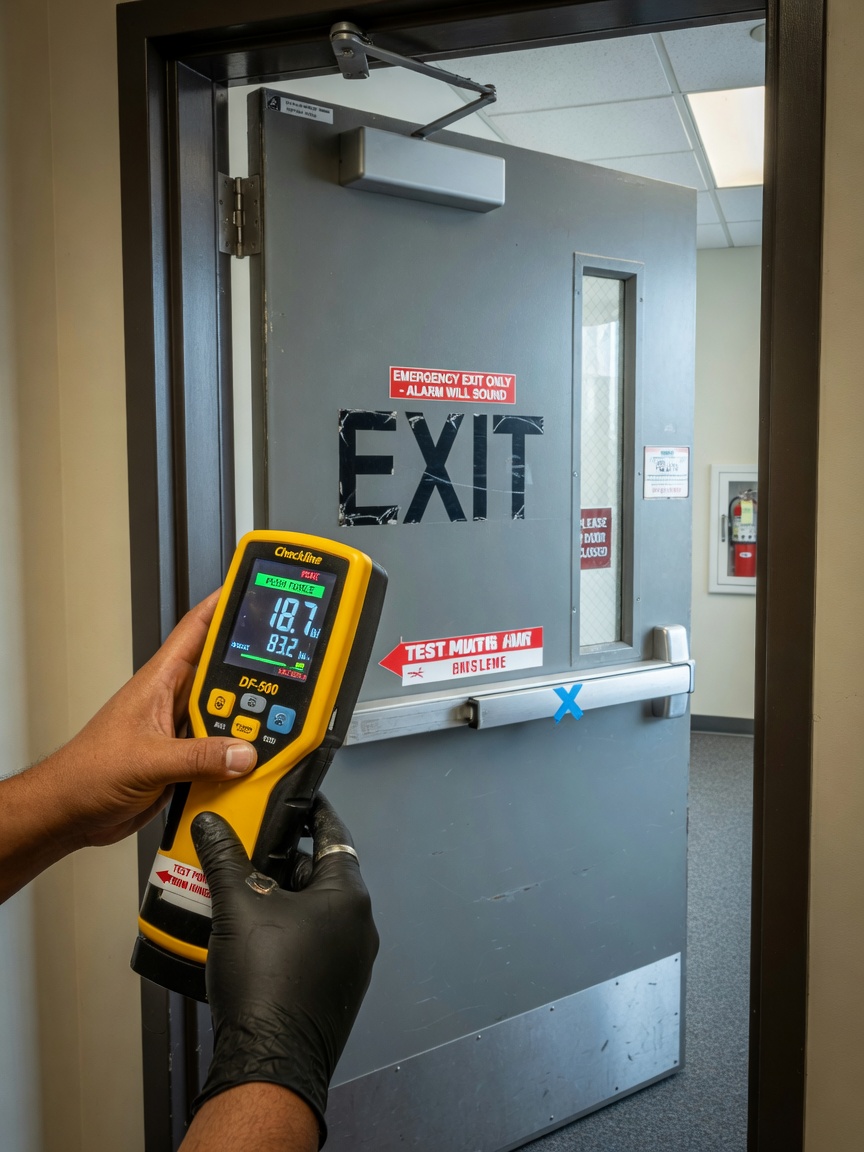 Ultra-realistic 8K image of a commercial door force gauge being used to test opening pressure on an office entrance door, technician hands visible, documentary style