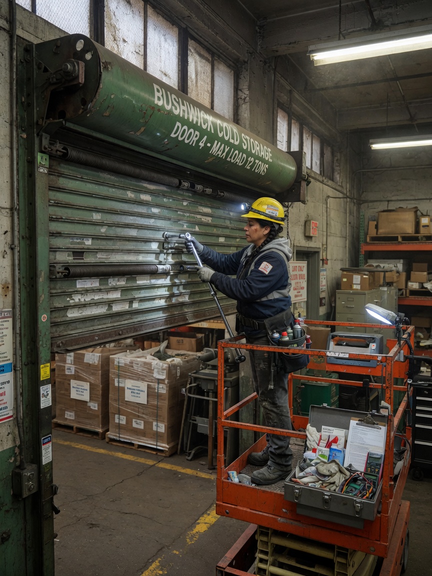 Professional 8K image of a maintenance technician performing annual service on a heavy steel commercial door in a Queens warehouse, realistic work environment