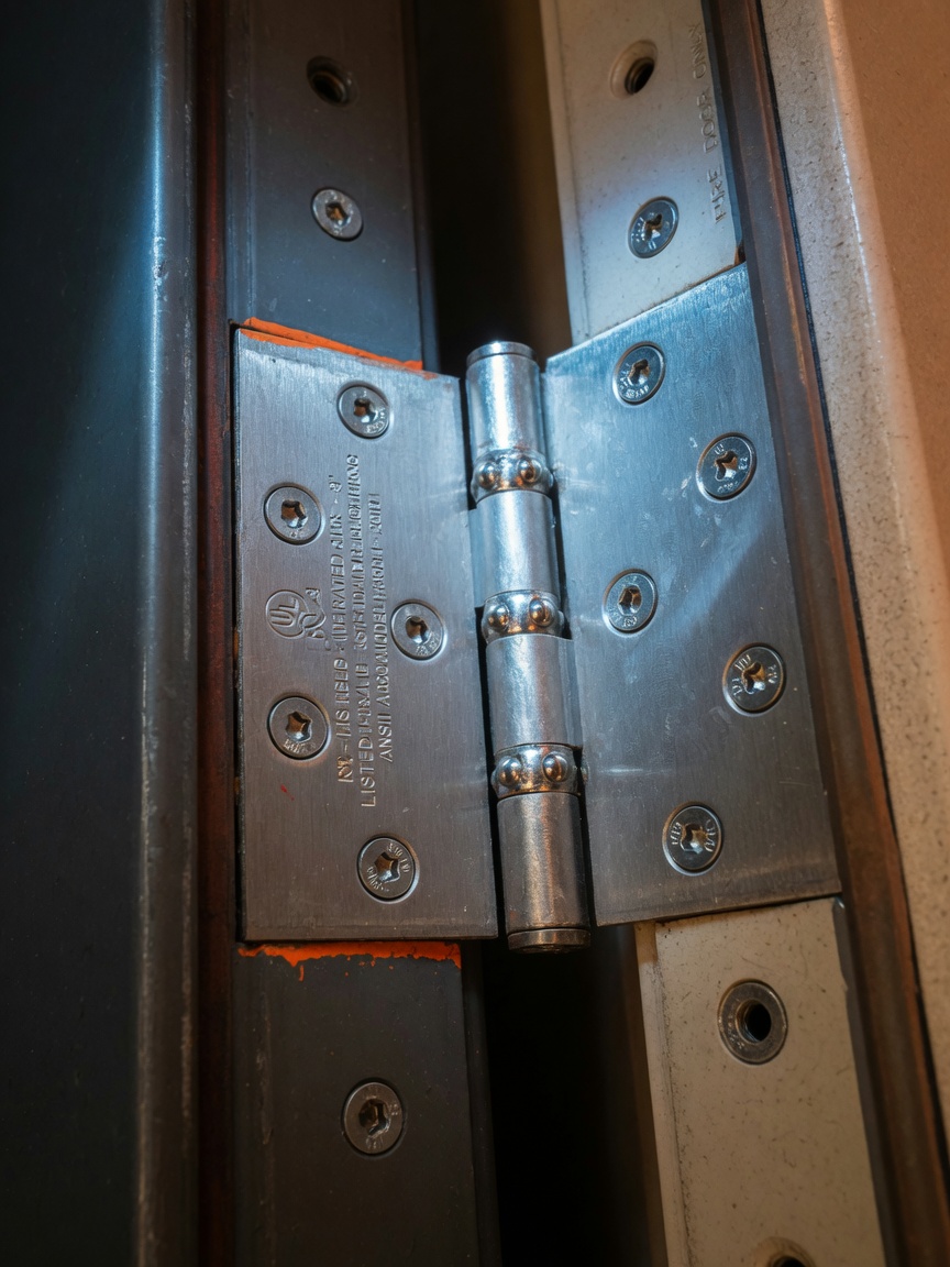 Extreme close-up 8K image of fire-rated ball-bearing hinges installed on a commercial door, showing precise screw placement and fire-rated stamping, dramatic side lighting, technical product detail