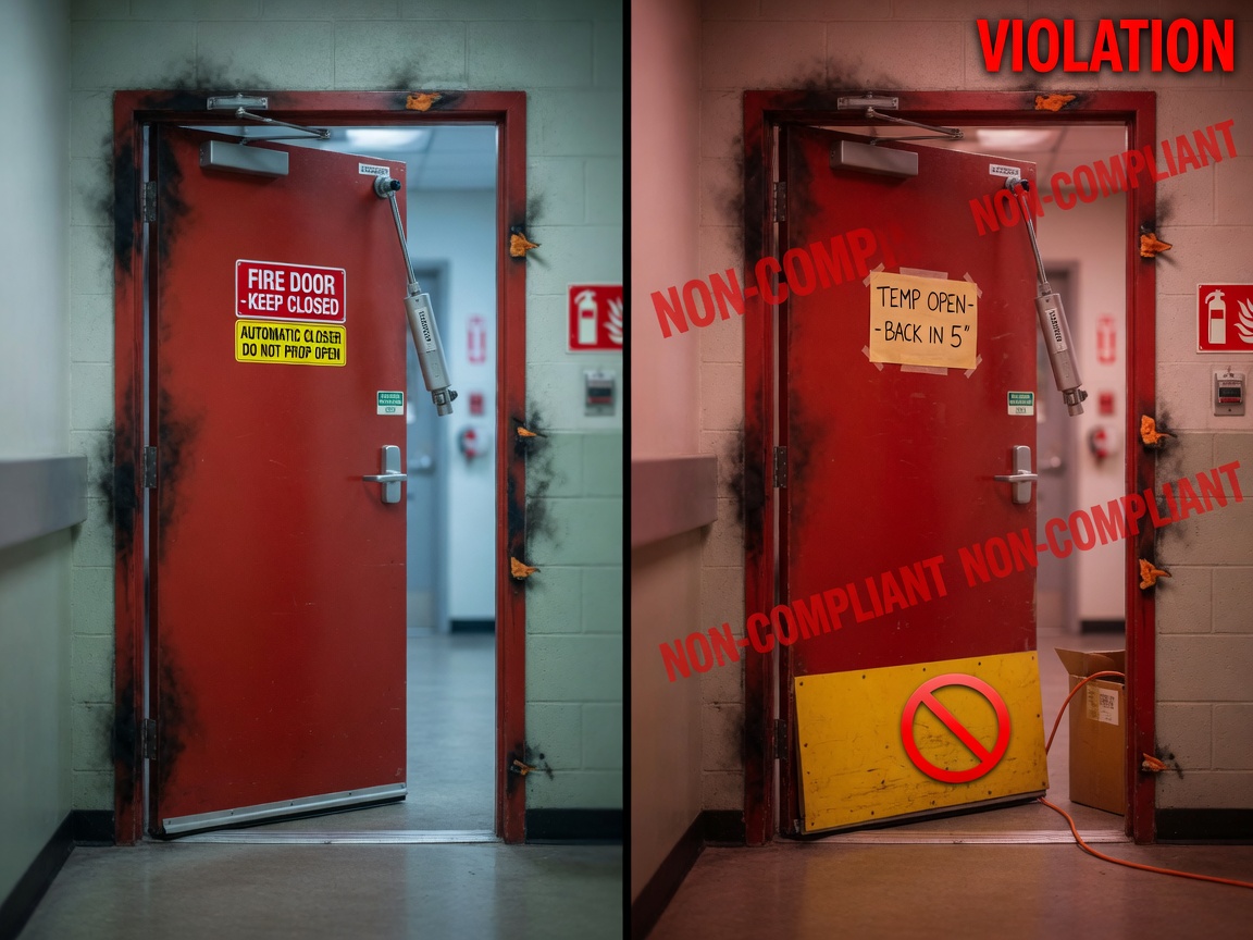 Split-screen ultra-realistic 8K comparison image showing compliant vs non-compliant fire doors side by side: one with proper self-closer and seals, the other propped open with a wedge, red violation overlay on the non-compliant side