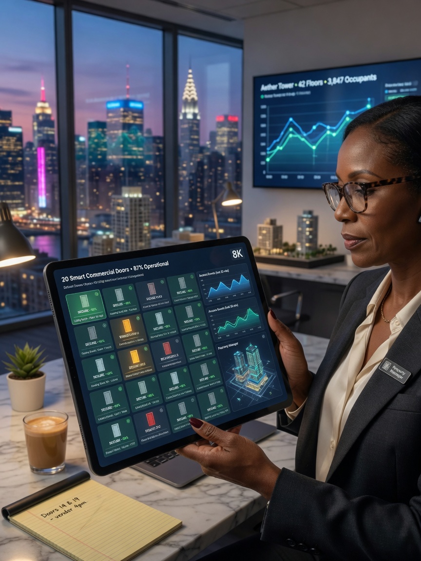 NYC building manager using tablet to monitor real-time status of 20 smart commercial doors across a high-rise building dashboard, modern office environment, photorealistic 8K