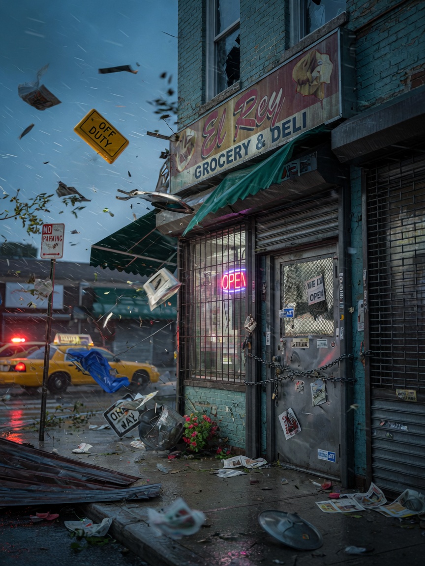 Dramatic ultra-realistic 8K image of hurricane force winds impacting a Queens storefront with reinforced steel security door successfully holding, flying debris, cinematic lighting